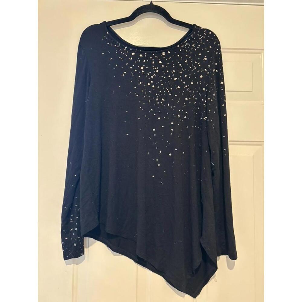 Karen Kane black long sleeve silver applique asymmetrical shirt sz L #1628